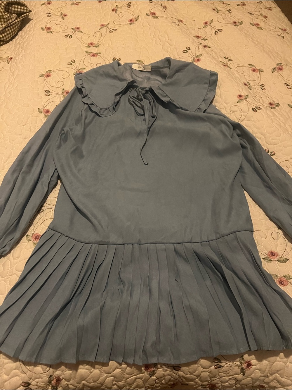 Cider Powder Blue Long-Sleeve Pleated-Hem Dress with Peter Pan Collar